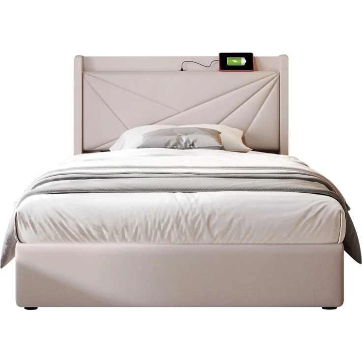 Rayofly-Leinen Polster-Einzelbett H200cm x T90cm x B90cm, Stauraum-Bettkasten, USB & Typ-C Lade-Kopfteil, Lattenrost, ohne Matratze, Beige – Bild 3