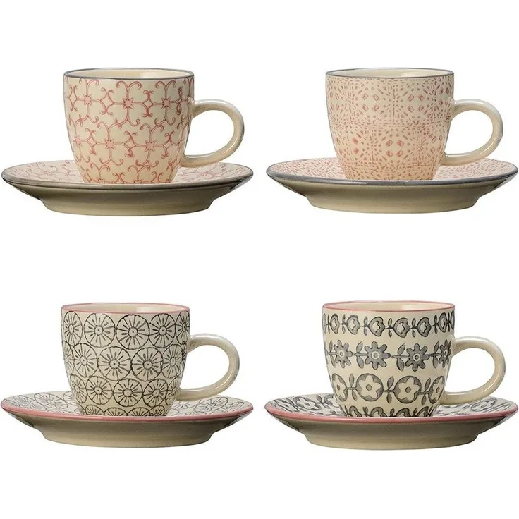 Bloomingville Espressotasse Cécile Espresso Cup & Saucer,Rose,Stoneware, 90ml, 4er Set Espresso Tassen, 4-teilig Kaffeetasse, Espressotasse