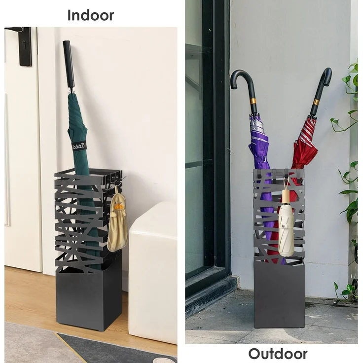Todeco Regenschirmständer aus Metall mit Ausschnittmuster, quadratischer Schirmständer mit 4 Haken und Wasserauffangschale herausnehmbar, für Eingang, Haus, Büro, Schwarz, 15,5x15,5x49 cm – Bild 2