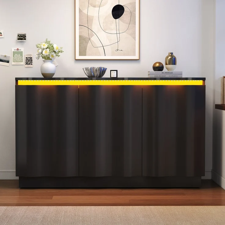 Sideboard 120x39,5x69,5 cm in Schwarz mit 3 Türen, LED-Beleuchtung und verstellbaren Einlegeböden – Bild 2
