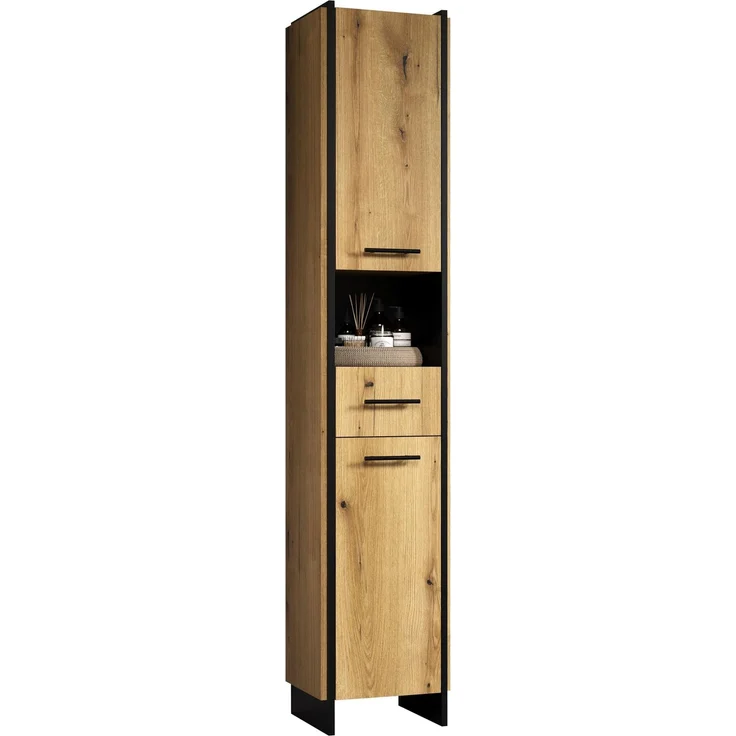 trendteam smart living - Safiya - Hochschrank - Eiche/Schwarz - Hochschrank mit 2 Türen 2 Einlegeböden 1 Schubkasten mit Vollauszug und 1 offenes Fach - (BxHxT) 37 x 190 x 31 cm