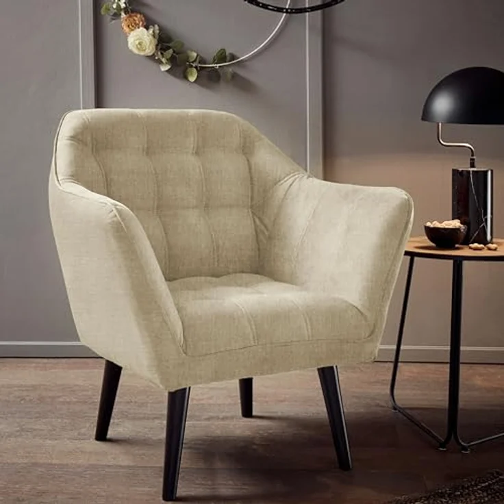 MAX Loungesessel mit Armlehnen, Cream - Bequemer Sessel gepolstert mit schwarzen Massivholz Füßen für Esszimmer & Wohnzimmer - 84 x 87 x 70 cm (B/H/T) – Bild 3