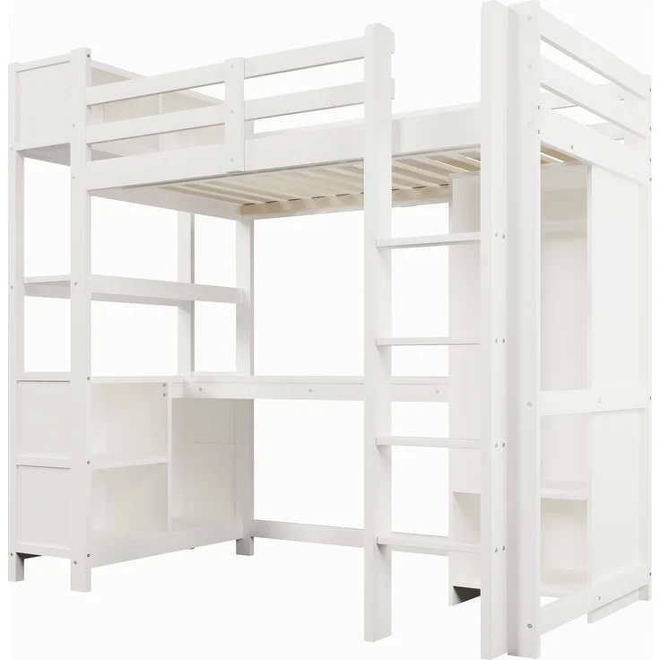 Merax Hochbett, Kinderbett 90x200 cm, mit Regale, mehrere Ablagefächer, Schreibtisch, Kleiderschrank, ohne Matratze, Weiß – Bild 7