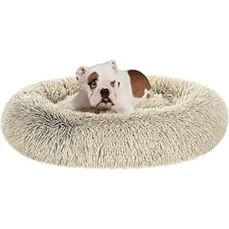 Feandrea Hundebett flauschig, Katzenbett, Donut Kissen, waschbar, Polsterung in der Mitte herausnehmbar, langer Plüsch, 90 cm Durchmesser, Ombré-Khaki – Bild 1