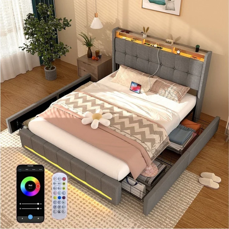 oyajia Polsterbett LED Doppelbett 140x200 cm mit 4 Schubkästen und Kopfteil, Ladefunktion (Leinenmaterial Polsterbett mit mit Lattenrost und Ladefunktion), Typ-C, USB-A, 2 Steckdosen,mit RGB Beleuchtung – Bild 1