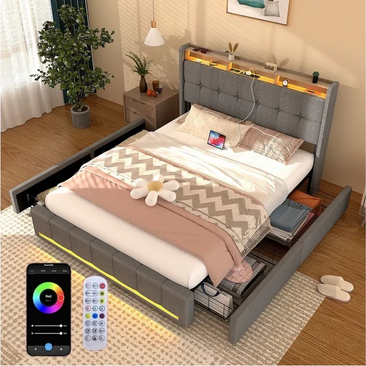 oyajia Polsterbett LED Doppelbett 140x200 cm mit 4 Schubkästen und Kopfteil, Ladefunktion (Leinenmaterial Polsterbett mit mit Lattenrost und Ladefunktion), Typ-C, USB-A, 2 Steckdosen,mit RGB Beleuchtung