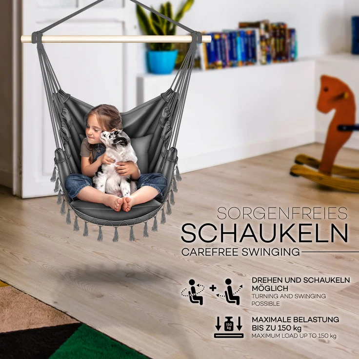 tillvex Hängesessel Anthrazit 2 Kissen zum Aufhängen | Hängestuhl mit Getränkehalter & Bücherfach | Hängesitz wetterfest - Indoor & Outdoor | Hängekorb mit Tragetasche für Erwachsene & Kinder – Bild 3