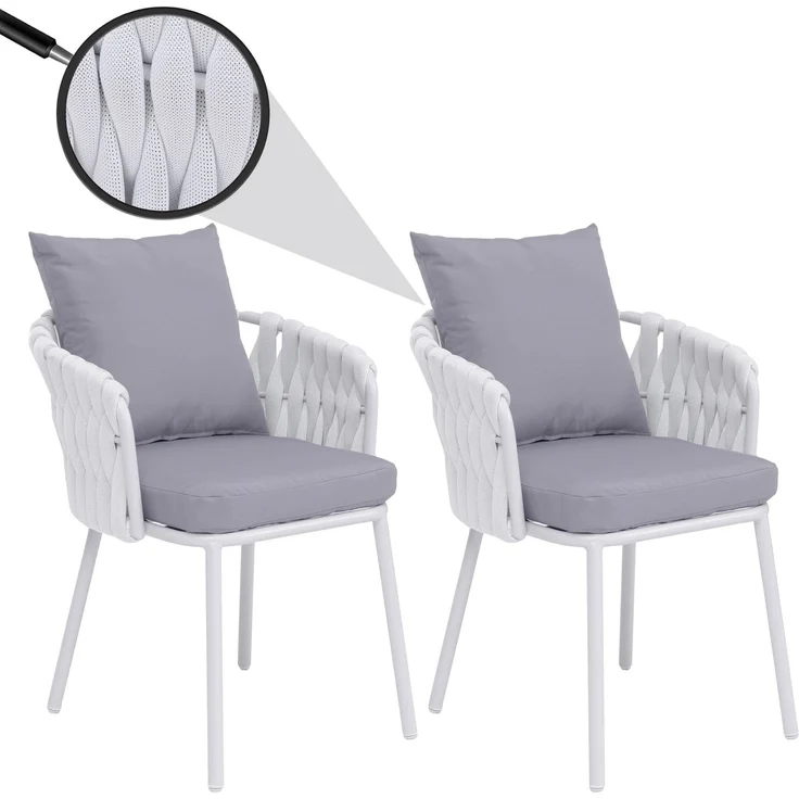 2er-Set Aluminium-Esszimmerstuhl HWC-P89, Indoor Stuhl Armlehne, Stoff/Textil (180 g/m²) Seilgeflecht Rope ~ hellgrau – Bild 1