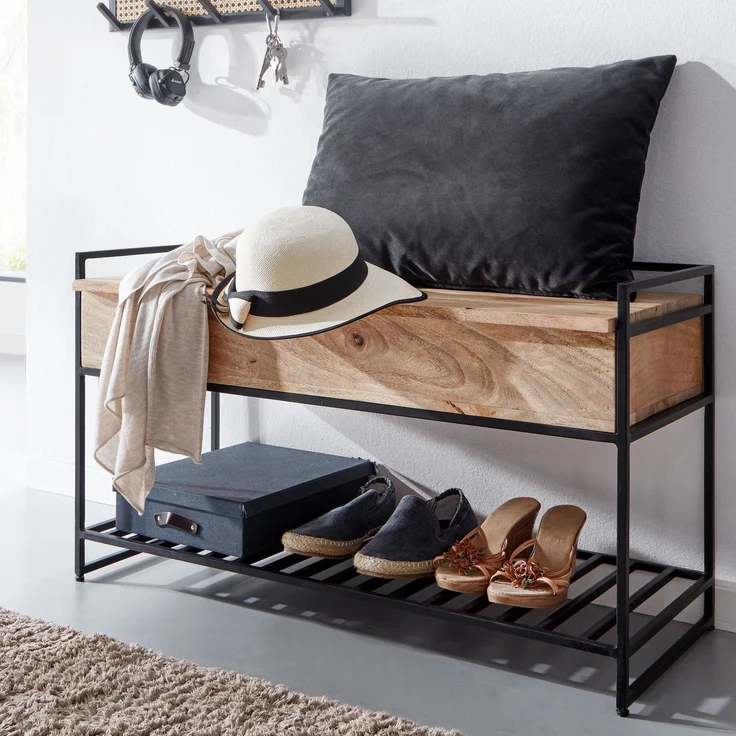 Sitzbank mit Stauraum Mango Massivholz Metall Braun 90x52x38cm Schuhregal Flurbank – Bild 4