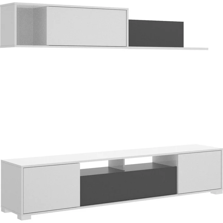Dmora Abbete Wandsystem, TV-Ständer-Wohnzimmerset, Mehrzweck-Wohnzimmermöbel, 200x41h180 cm, Glänzendes Weiß und Anthrazit – Bild 1