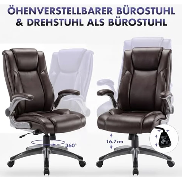 MALOL Ergonomischer Bürostuhl, Schreibtischstuhl aus Kunstleder mit elegantem Design, aufblasbarer Lendenstütze, Federkern-Sitzkissen, klappbaren Armlehnen, für Büro & Homeoffice, Braun – Bild 5