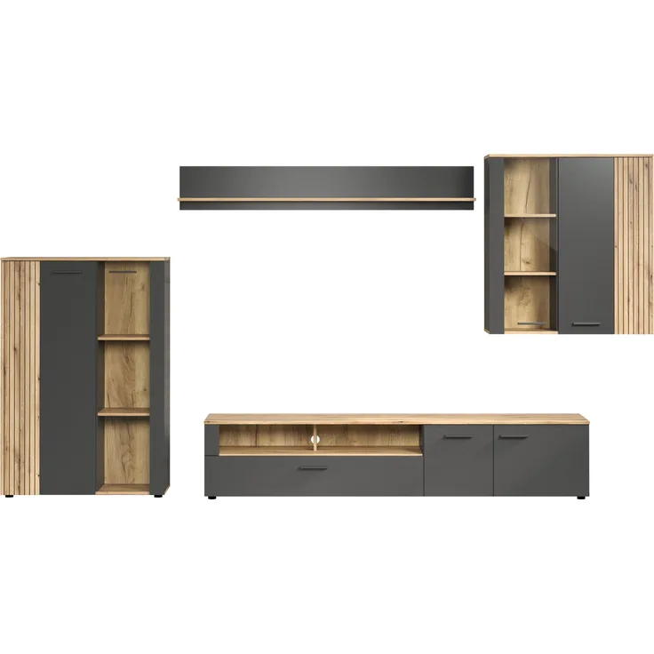 Wohnwand Esteban in grau und Eiche Evoke 340 cm