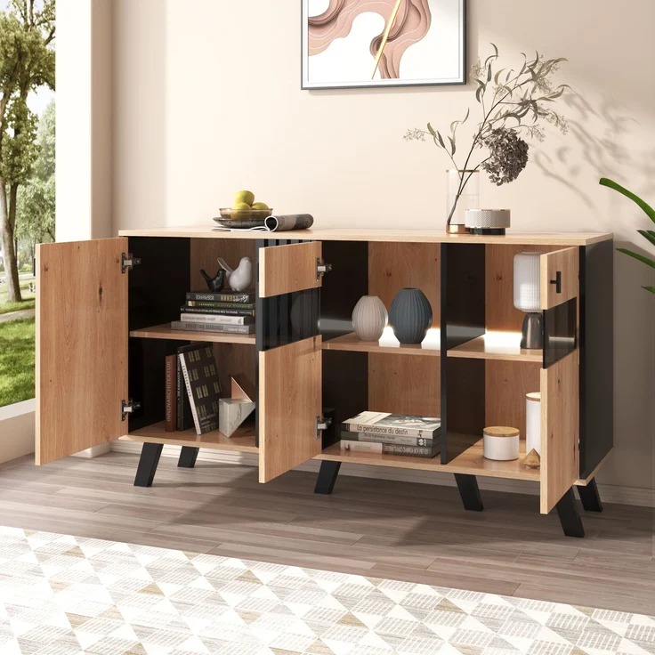 Merax 140 x 78 x 41 cm großes Sideboard mit Stauraum, Schrank mit LED-Licht und Glas, Holz und Schwarz – Bild 6