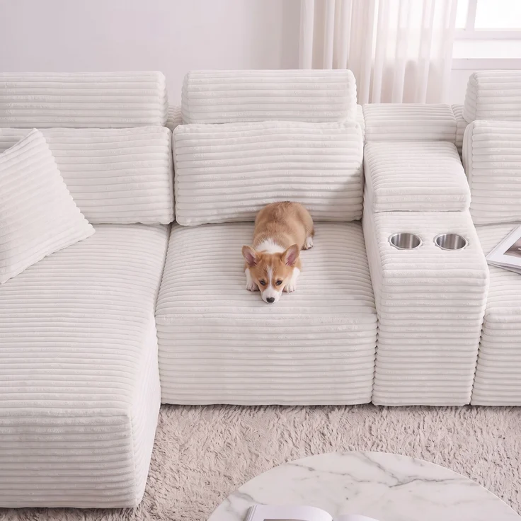 ZUBALIYA Boneless Compression Sofa, U-förmiges modulares Sofa mit integrierten Becherhaltern, Off-Weiß, 372 x 151 x 80 cm – Bild 9