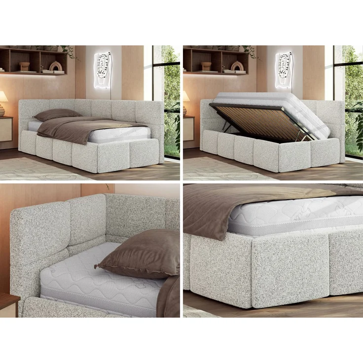 Jugendbett 90x200 ARVO Polsterbett mit Bettkasten, Stauraum & Gasdruckfeder, Modernes Design mit Kopfteil - Hellgrau Strukture - Links Seite – Bild 2