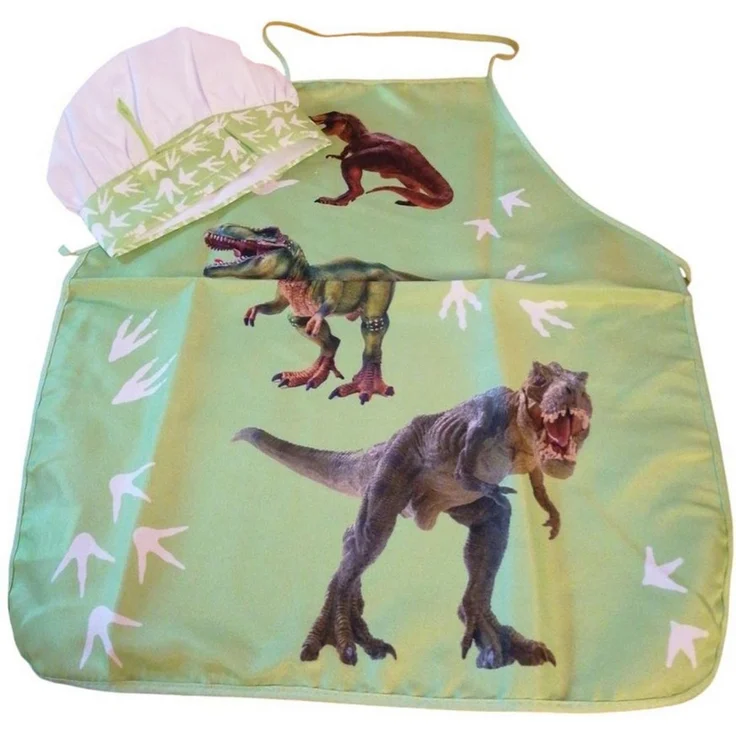 BrandMac Kochschürze Kochschürzen-Set für Kinder mit Mütze, Dinosaurier-Motiv, Grün – Bild 1