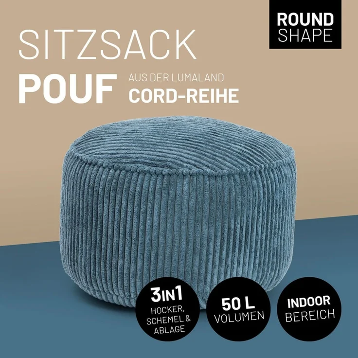 Lumaland Pouf Sitzhocker Cord Ablage kompakt 25x45 cm, pflegeleicht, Indoor Relaxen – Bild 2