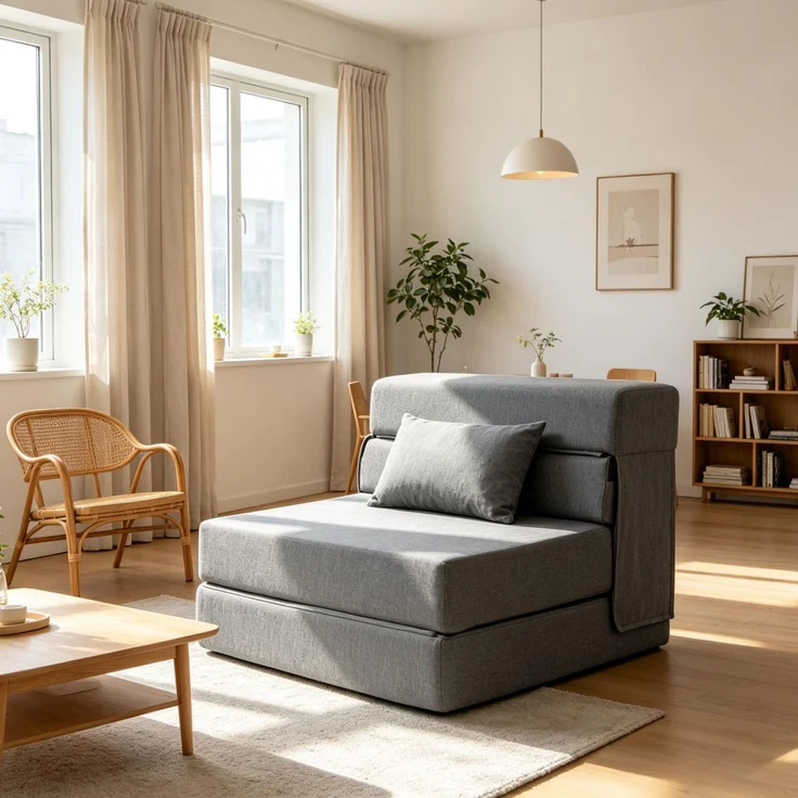 Faltbarer Bodenschlafsessel mit Kissen, grauer 1-Sitzer in Leinenoptik mit 80 x 210 cm Gästeliege ohne Montage für kleine Räume – Bild 1