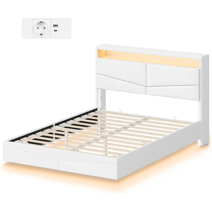 Halupeit Bettgestell mit cremefarbenem Leinenbezug, Stauraum im Kopfteil, stimmungsvoller LED-Beleuchtung und integrierter Steckdosenleiste; 220,5 x 110 x 146,5 cm. – Bild 2