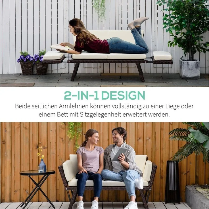 Outsunny Gartensofa Polyrattan 2 Sitzer klappbar mit Armlehnen Stahl 129x63x67cm, Gartenmöbel 1 Teile, für Garten, Balkon, Braun – Bild 4