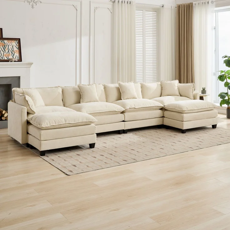 ZUBALIYA Sofa mit LED - Beleuchtung, mit Chenille - Bezug, mit Cordbezug, modular aufgebaut, aus Chenille, Beige – Bild 10