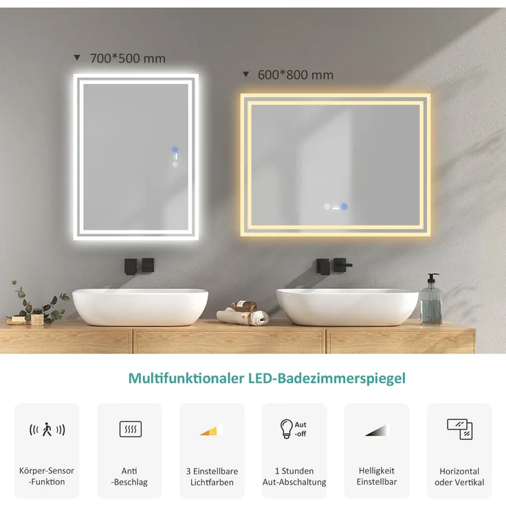EMKE Badspiegel mit Beleuchtung, Bewegungssensor, 70x50cm, LED Kaltweißes/Neutral/Warmweißes Licht, Dimmbar, Beschlagfrei, Touch, IP44 Wandspiegel – Bild 4
