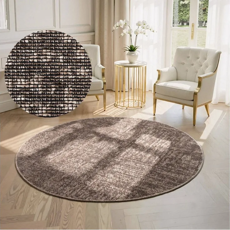 Elle Decoration Brilliance - Kurzflor Teppich Prisma, Wohnzimmerteppich mit Raster Design, Kachel, Quadrat Muster, Glänzender, Moderner Teppich für Wohnzimmer, Schlafzimmer - Beige, Ø 160 cm