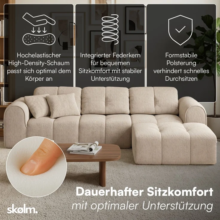 skølm 'Vanaheim' Sofa 3 Sitzer mit Hocker & 2 Kissen, Cloud Sofa beige, Chenille-Stoff, Vollschaumcouch mit Federkern und Vakuum-Kompression, kein Aufbau erforderlich – Bild 2