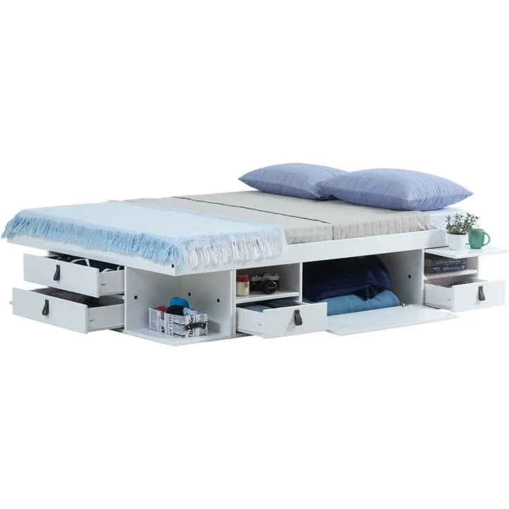 Funktionsbett Bali 140x200 Weiss - Schrankbett mit viel Stauraum u. Schubladen, optimal für kleine Schlafzimmer - Bett mit Aufbewahrung aus MDF Weiss lackiert – Schubladenbett inkl Lattenrost