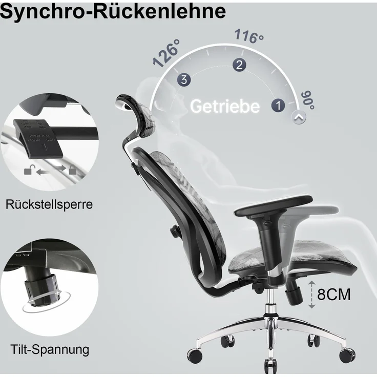 SIHOO Ergonomischer Bürostuhl, Chefsessel mit 3D verstellbare Armlehne und Lendenwirbelstütze, Hautfreundliche Netz-Hochlehne, Schreibtischstuhl bis 150kg/330LB Belastbar, Grau – Bild 8