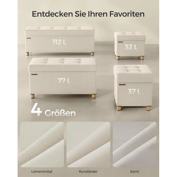 Songmics Sitzhocker mit Stauraum, kleine klappbare Sitzbank, 38x38 cm Fußbank, Aufbewahrungsbox, bis 300 kg belastbar, für Wohnzimmer Schlafzimmer Schlafsaal, Cremeweiß – Bild 6