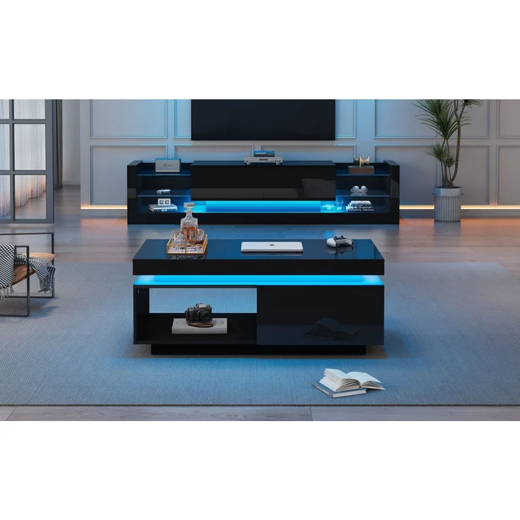 Merax TV-Wandschrank-Set, schwarzer TV-Schrank + schwarzer Couchtisch, schwarzer Hochglanz-Wandschrank, Wohnzimmerset, Hochglanz-Set mit LED-Leuchten – Bild 2