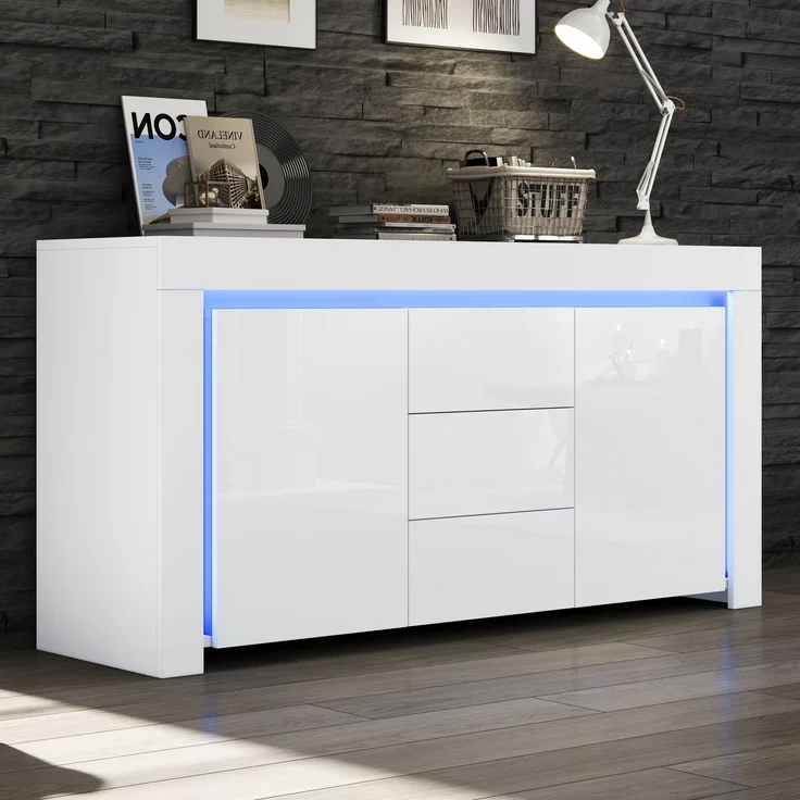 Merax Sideboard, Kommode mit 3 Schubladen, 2 Türen, Hochglanz Beistellschrank mit LED-Lichtleiste, Wohnzimmerschrank mit Stauraum, Weiß – Bild 5