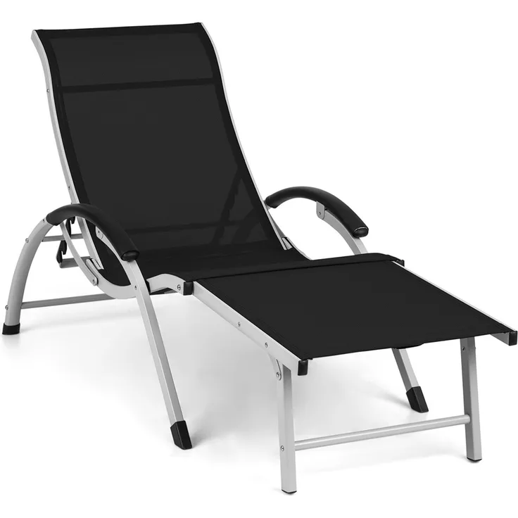 blumfeldt Sunnyvale Liegestuhl Sonnenliege Gartenliege Lounger, verstellbare Lehne in 4 Stufen, klappbares Fußteil, Liegefläche 174 x 51 cm, wasserabweisendes Material, PVC / Polyester, schwarz