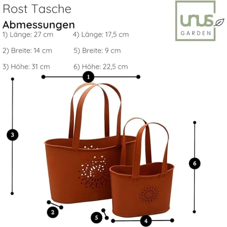 UNUS GARDEN Blumentopf Topf Handtasche Rostopfik (2 St, 2er Set in zwei Größen (16,5 cm und 11 cm hoch), Gartendeko robust – Bild 6