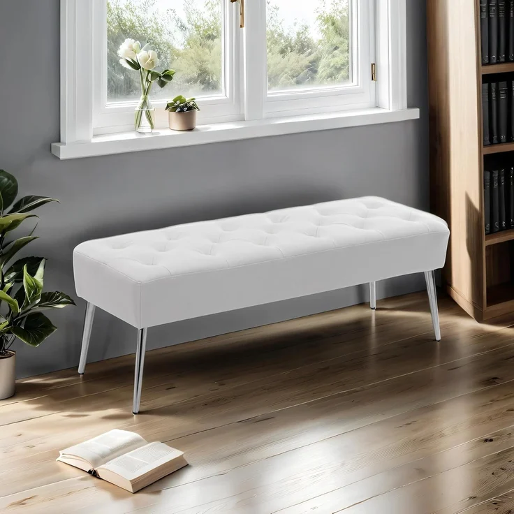 Duhome Sitzbank mit Knöpfen, Gepolstert Polsterbank Schuhbank mit Fußstütze Bettbank Sitzhocker für Eingangsbereich Wohnzimmer Schlafzimmer, Weiß – Bild 7