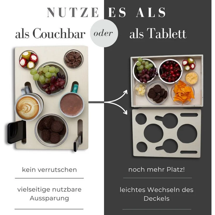 PEGSEN Servierplatte All in One Couchbar Sofatablett mit 4 Snackschalen, Birkenholz, (Set, 5-tlg, abnehmbarer Deckel, mit 4 lebensmittelechten Glasschalen), passend für Kaffeetassen, Weingläser, 0,5L Bierflaschen