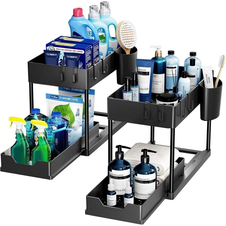 Puricon 2 Set Unter Waschbecken Regal 2 Etagen Küchenregal Schwarz – Bild 1
