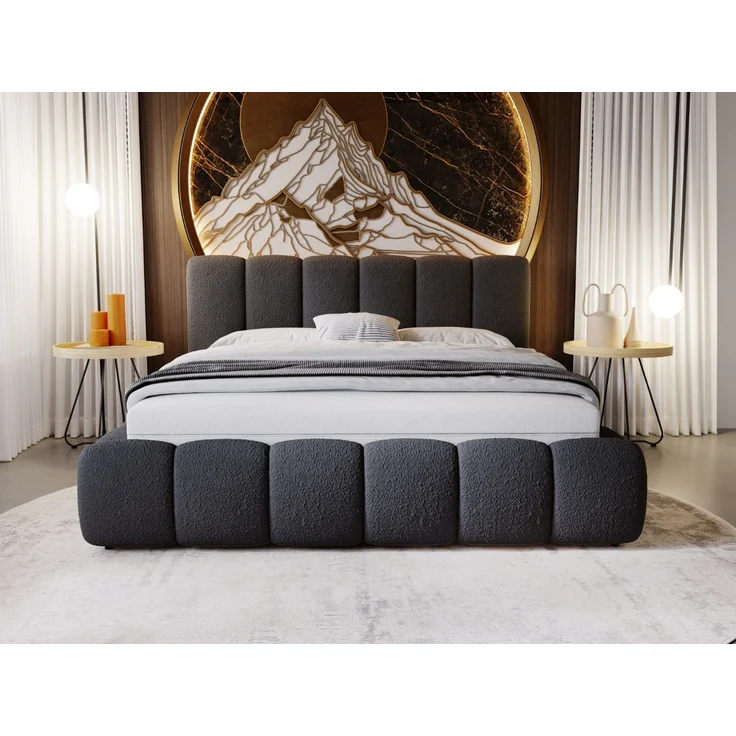 GRAINGOLD Cloud Bett 140x200, Polsterbett ohne Bettkasten, Bouclé-Stoff, mit Lattenrost, Schwarz – Bild 4