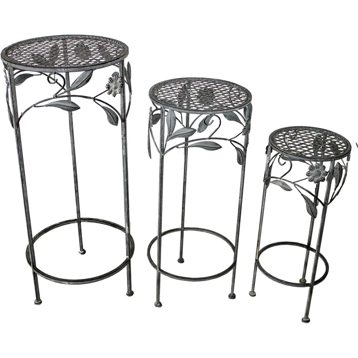 Hocker Set 3tlg. Gartendekoration Blumenhocker Eisenhocker Pflanzenständer Antik grau