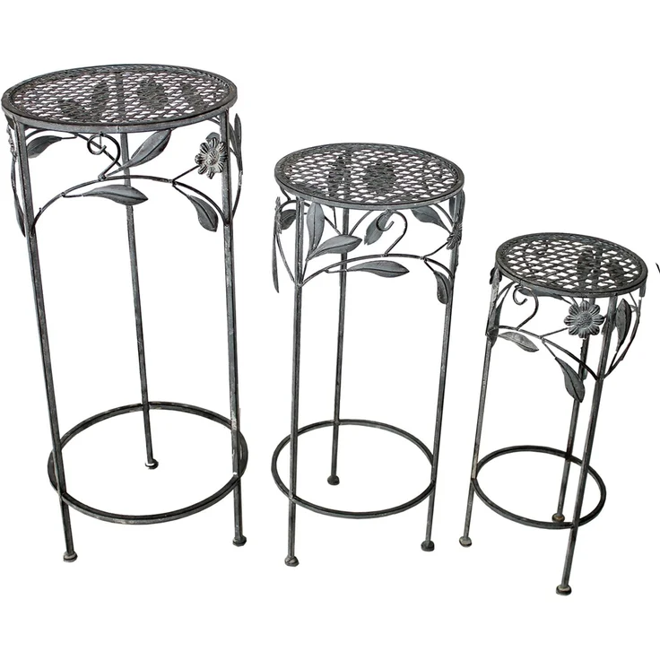 Hocker Set 3tlg. Gartendekoration Blumenhocker Eisenhocker Pflanzenständer Antik grau