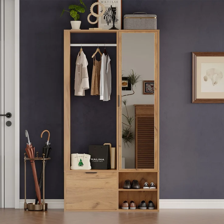 100*33*190cm garderobenschränke mit flur,6-in-1-Eingangsschrank, zum Aufhängen von Mänteln,Flurschrank mit Wäscheständer ,Garderobenschrank und Spiegel, Breite 100 cm,Schrank mit unterer Tür,Holzfarbe--Natürlich--100x33x190cm--YOUDENOVA – Bild 4