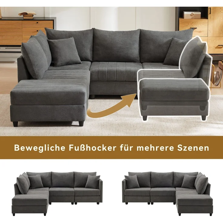 Big-Sofa mit Rückenkissen, Zierkissen, loser Rückenkissen und Zierkissen, 5-Sitzer Sofa, Leinen Bezug – Bild 4