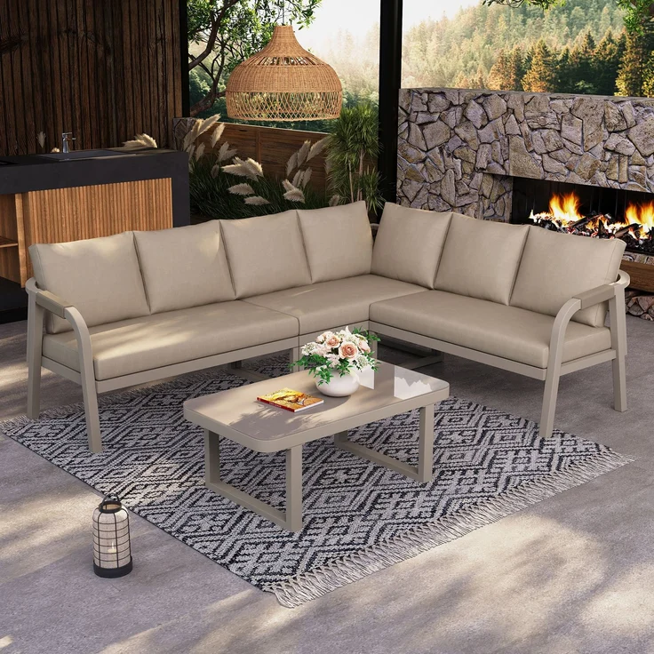 Merax Gartenmöbel-Set 6 Sitzer, Gartenlounge-Set Gartensofa mit Kissen und Tisch, Gartengarnitur Sofagarnitur Geflochten, Beige – Bild 3