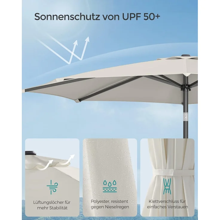 SONGMICS Sonnenschirm 340 cm, UPF 50+, Strandschirm, beidseitig um 30° knickbar, Sonnenschutz, mit Kurbel zum Öffnen/Schließen, für Terrasse, Balkon, Pool, ohne Ständer, beige GPU045M01 – Bild 5