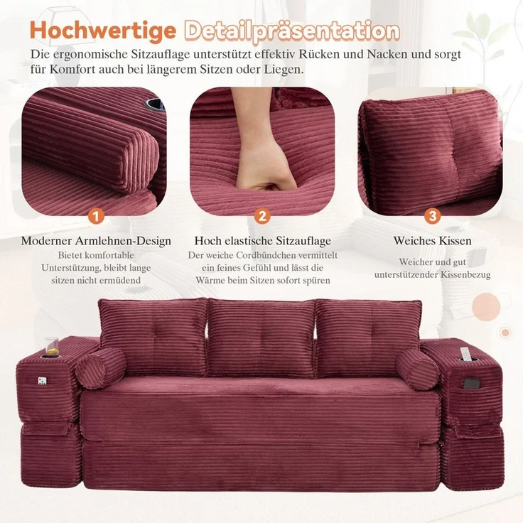 HAUSS SPOLE Schlafsofa 3-Sitzer Klappsofa aus Cord,Loungesofa mit Getränkehalter & Taschen, Cord-Multifunktionssofa mit hochdichtem Schaumstoff und Reißverschluss, Dreisitzer ausklappbare Schlafcouch-Funktion – Bild 4