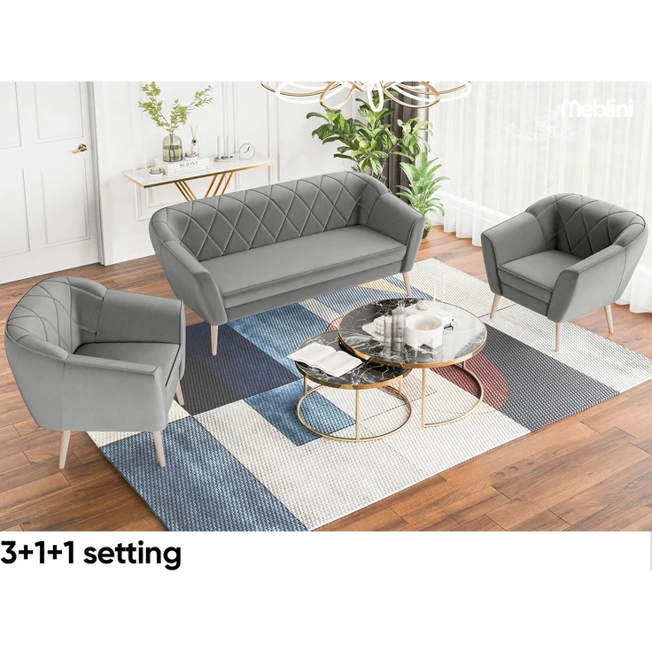 MEBLINI Sofa-Set GISELA 3+1+1 - Hellgrau Samt - für Wohnzimmer - Mini Lounge für fünf Personen - Küchensofa - Sofa Klein - Sitzgarnitur - Polstergarnitur - Sofagarnituren – Bild 2
