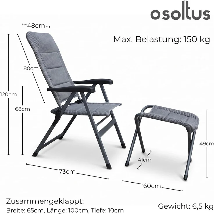 osoltus Alu Camping Klappsessel Hochlehner mit Hocker 3D Soft Touch Open-Grey – Bild 3