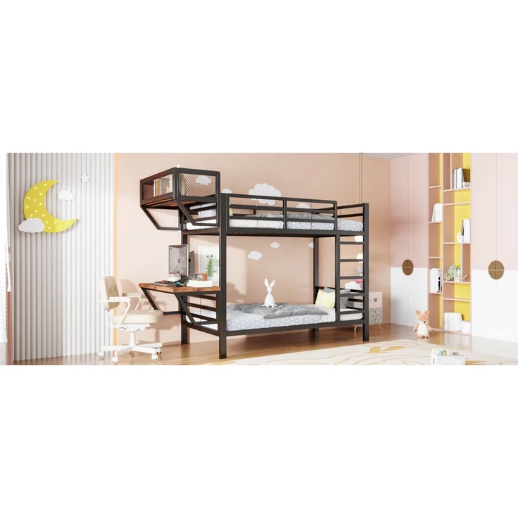 ZUBALIYA Metall-Etagenbett (90 x 200 cm) mit Schreibtisch und Ablagefächern, Lattenrost, platzsparendes Hochbett für Kinder, Jugendliche und Erwachsene, Schwarz – Bild 23