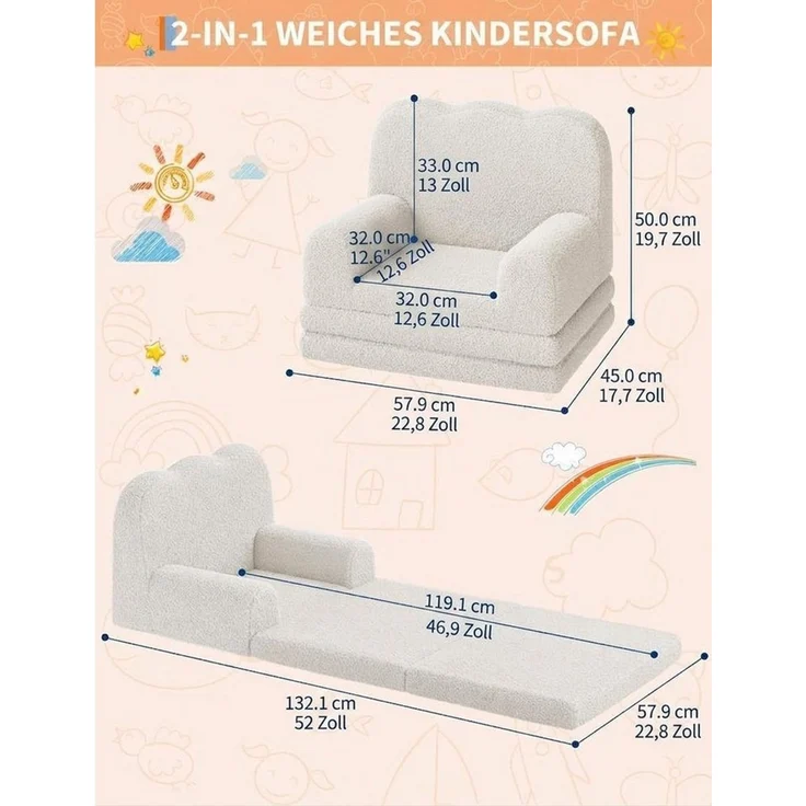 GarveeMore Kindersofa 2-in-1 Schlafsofa Sofabett Klappsofa für Kinder aus Teddystoff – Bild 3